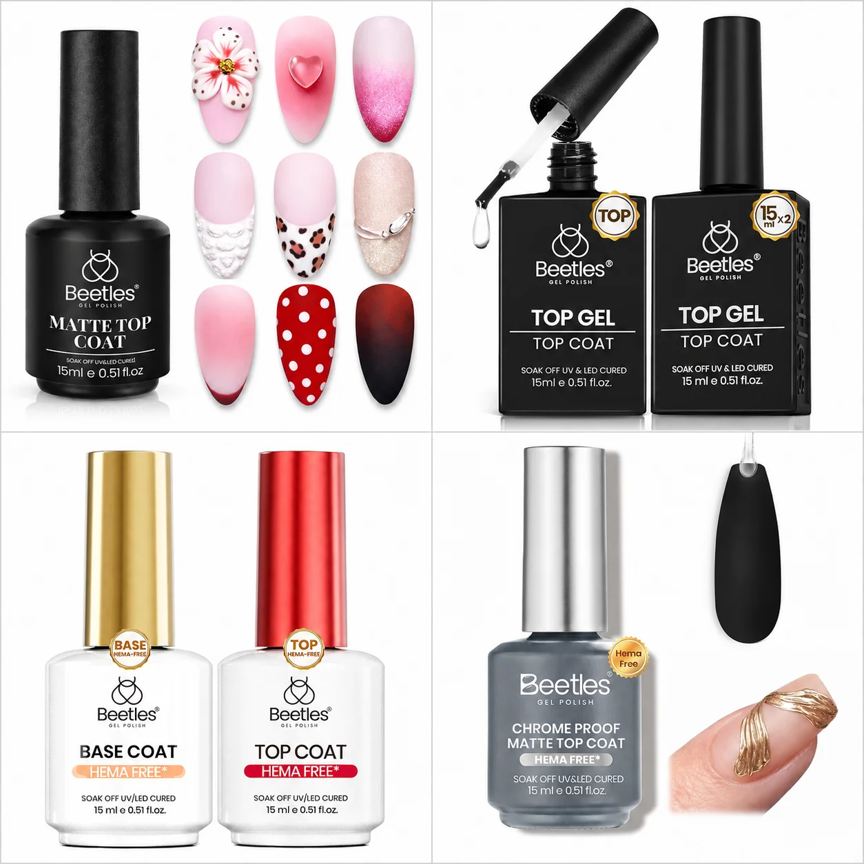 Beetles Gel Base/Top Coat Set, Clear Soak Off Uv Functional Gel Nail Polish