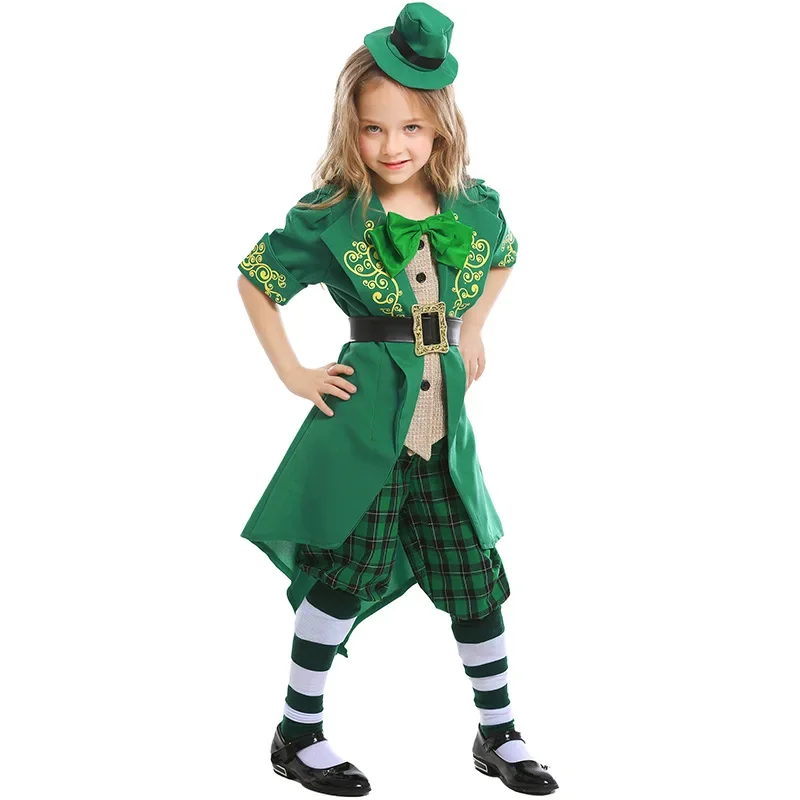 Halloween Irish Leprechaun Family Cosplay Green Set St. Patrick Carnival Party Performance Costume with Hat Adult Kids Costumes