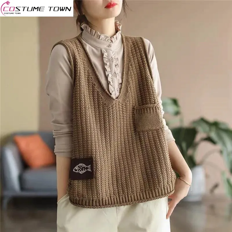 Vintage Label V-neck Knitted Vest for Women\'s Spring and Autumn 2023 New Korean Version Oversized Casual Pullover Vest