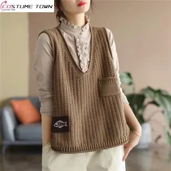 Vintage Label V-neck Knitted Vest for Women's Spring and Autumn 2023 New Korean Version Oversized Casual Pullover Vest