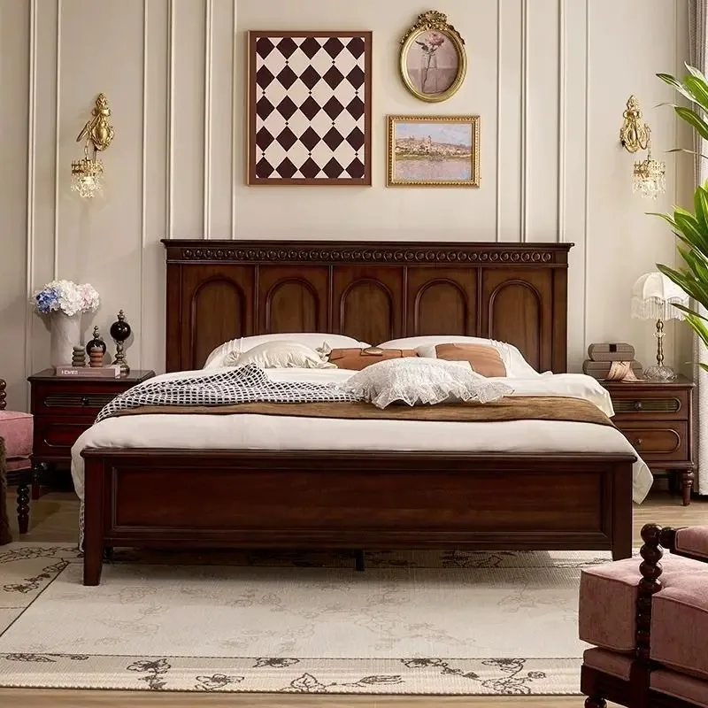 Luxury French Retro Corrugated Headboard Bed, Solid Wood Leather Upholstered Double Platform Bed for Home Master Bedroom