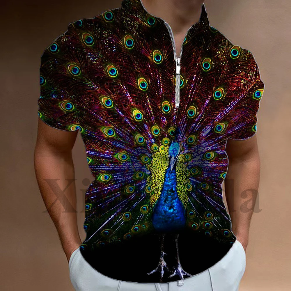 Mens Peacock Feather Printed Polo Shirt Colorful 3D Animal Feather Print Short Sleeve Zip Lapel Polo Shirts Male Harajuku Tees