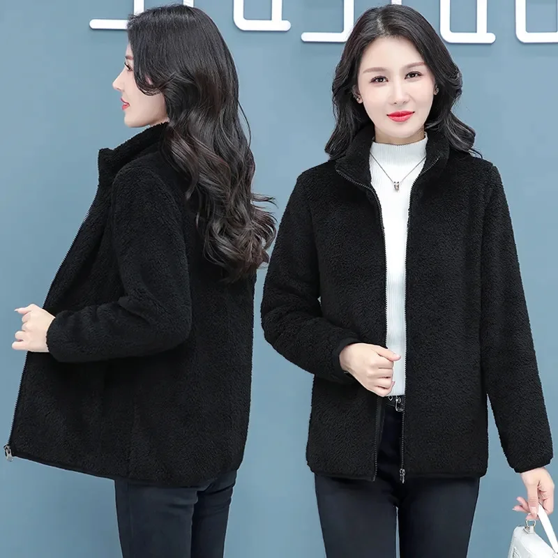 Polar Fleece Coat Women New Coral Fleece Jacket Stand Collar Cardigan Leisure Add Fleece Outwear Joker Blouse Autumn Winter Tops