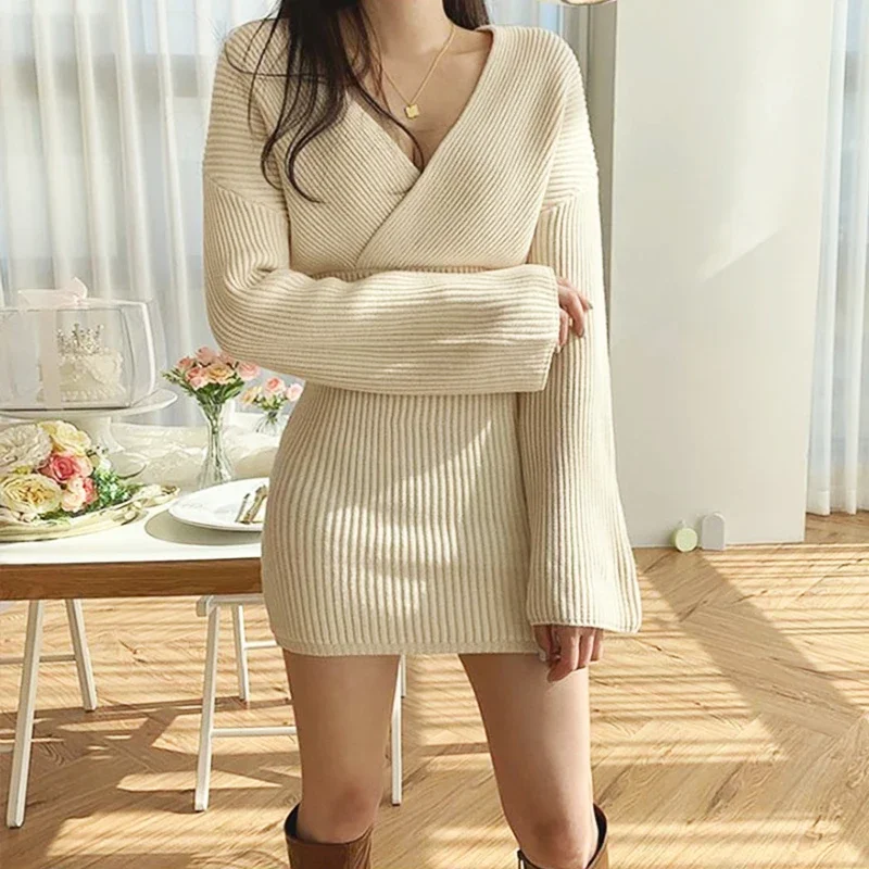 Soft Wool Dress for Women Autumn High Waisted Cross V Neck Sweater Dress Ladies Winter Korean Elegant Apricot Knit Vestido