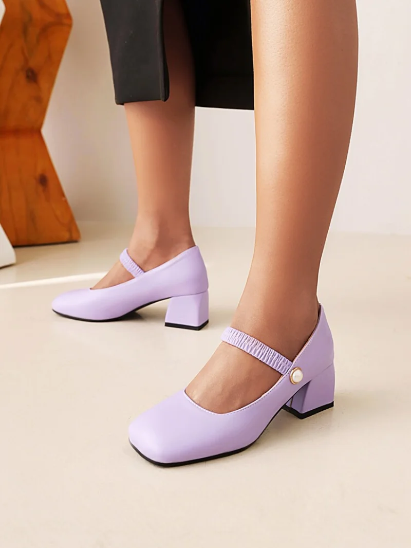 spring autumn New styles fashion Round head high-heeled Women\'s Shoes Shallow mouth Sweet purple Thick heel Women Shoes high 5cm