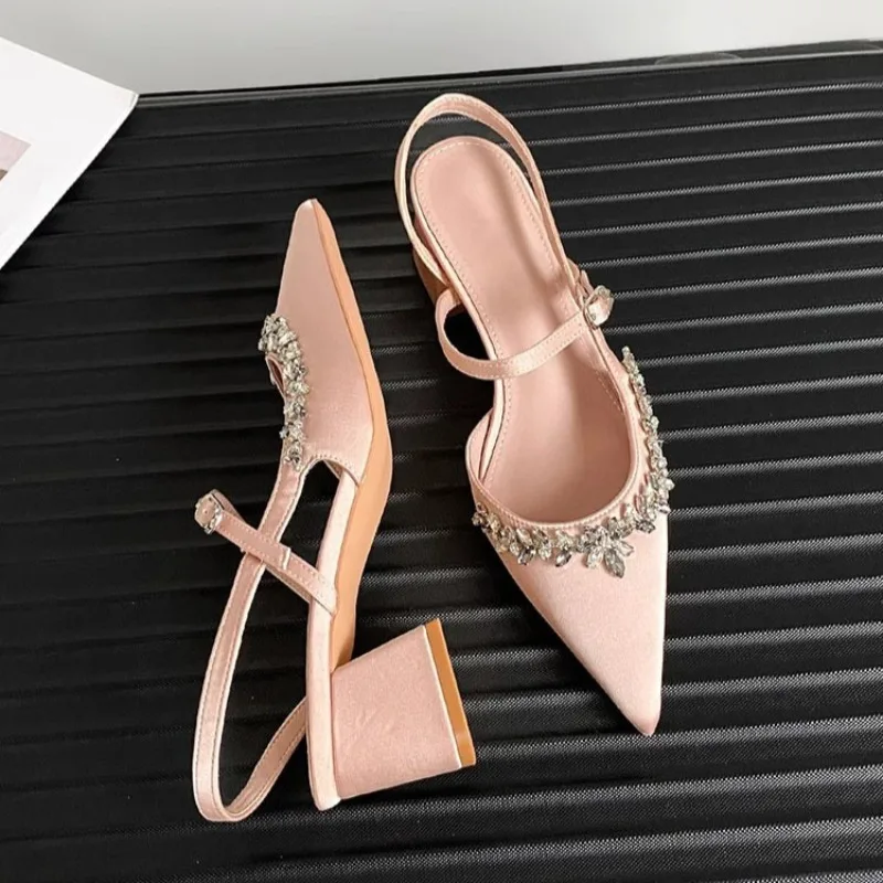 Women's Sandals French Style Temperament Pointed Thick Heeled Sandals Luxury Silk Satin Rhinestones Banquet Party Dress Sandals