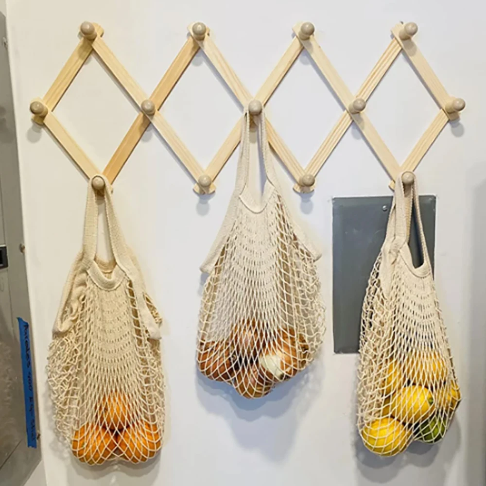 حقيبة تسوق قطنية محمولة قابلة للطي، حقيبة شبكية فواكه قابلة لإعادة الاستخدام، جيب شبكي منسوج مجوف لتخزين المطبخ