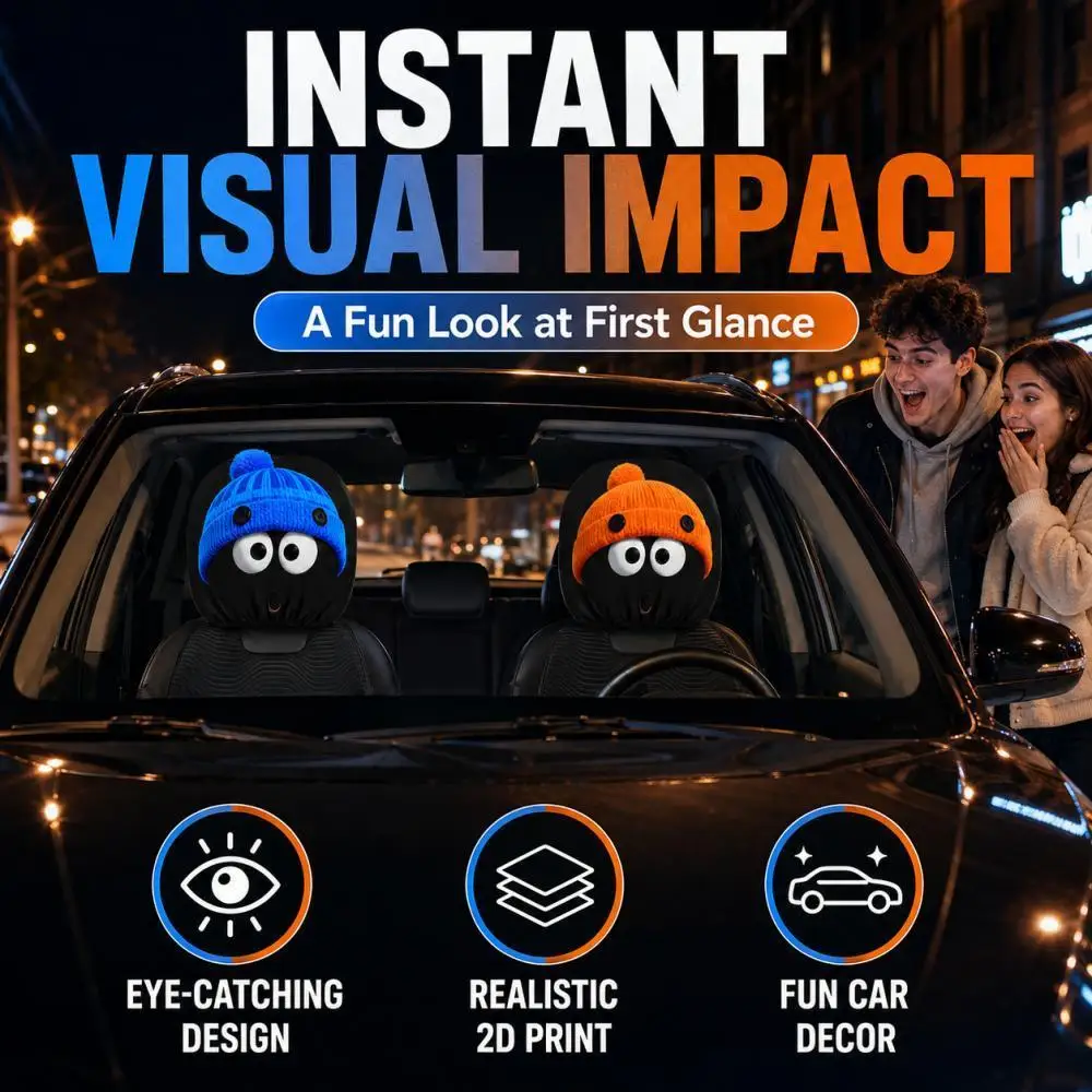 2 Pieces Funny Cartoon Car Headrest Covers Cute Big-Eye Knitted Hats Printed Universal Car Interior Decor Accessories