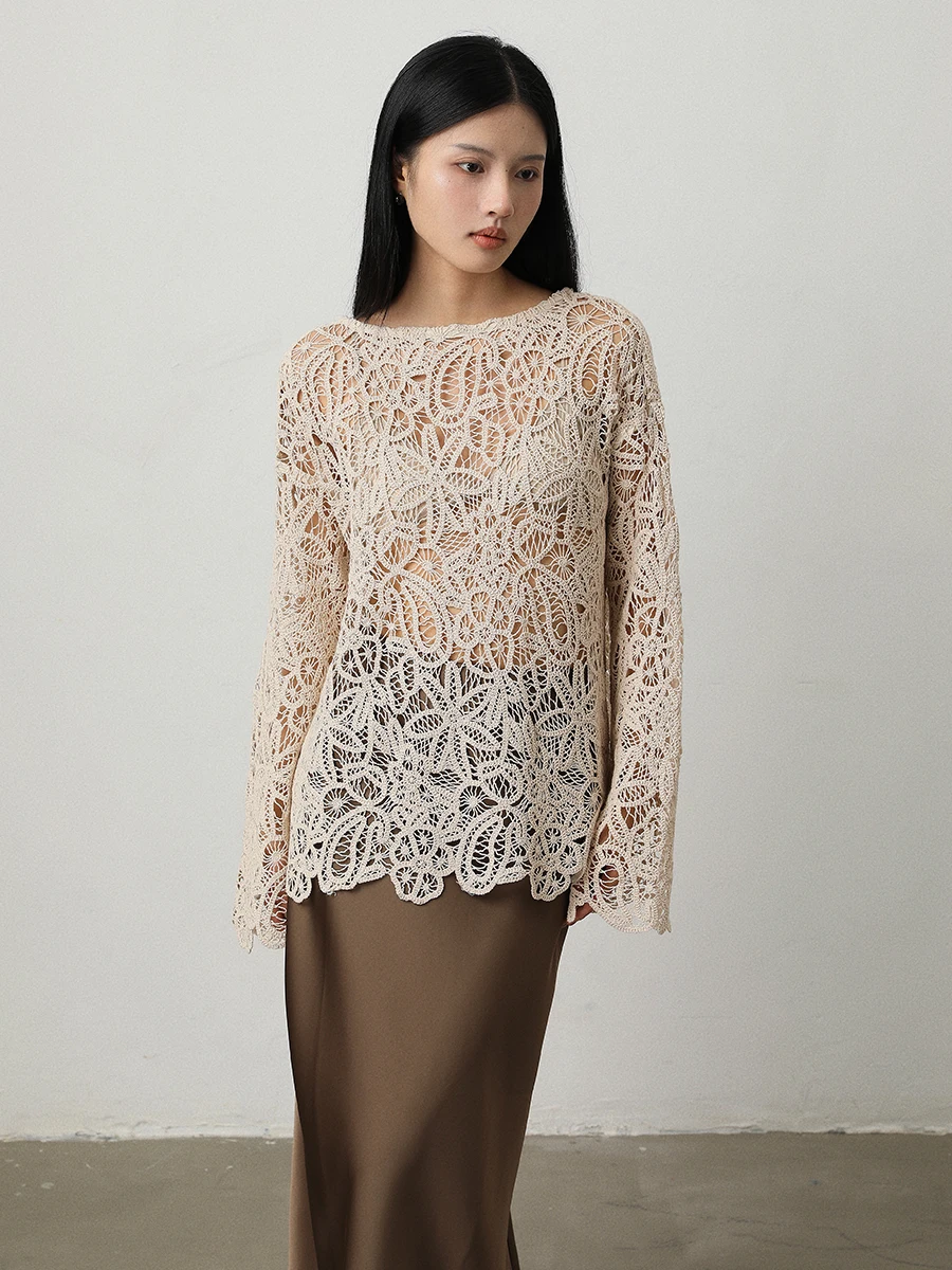 

Женская хлопковая блузка Vimore с кружевной вышивкой, свободного кроя, с длинным рукавом и круглым вырезом, романтичная и непринужденная