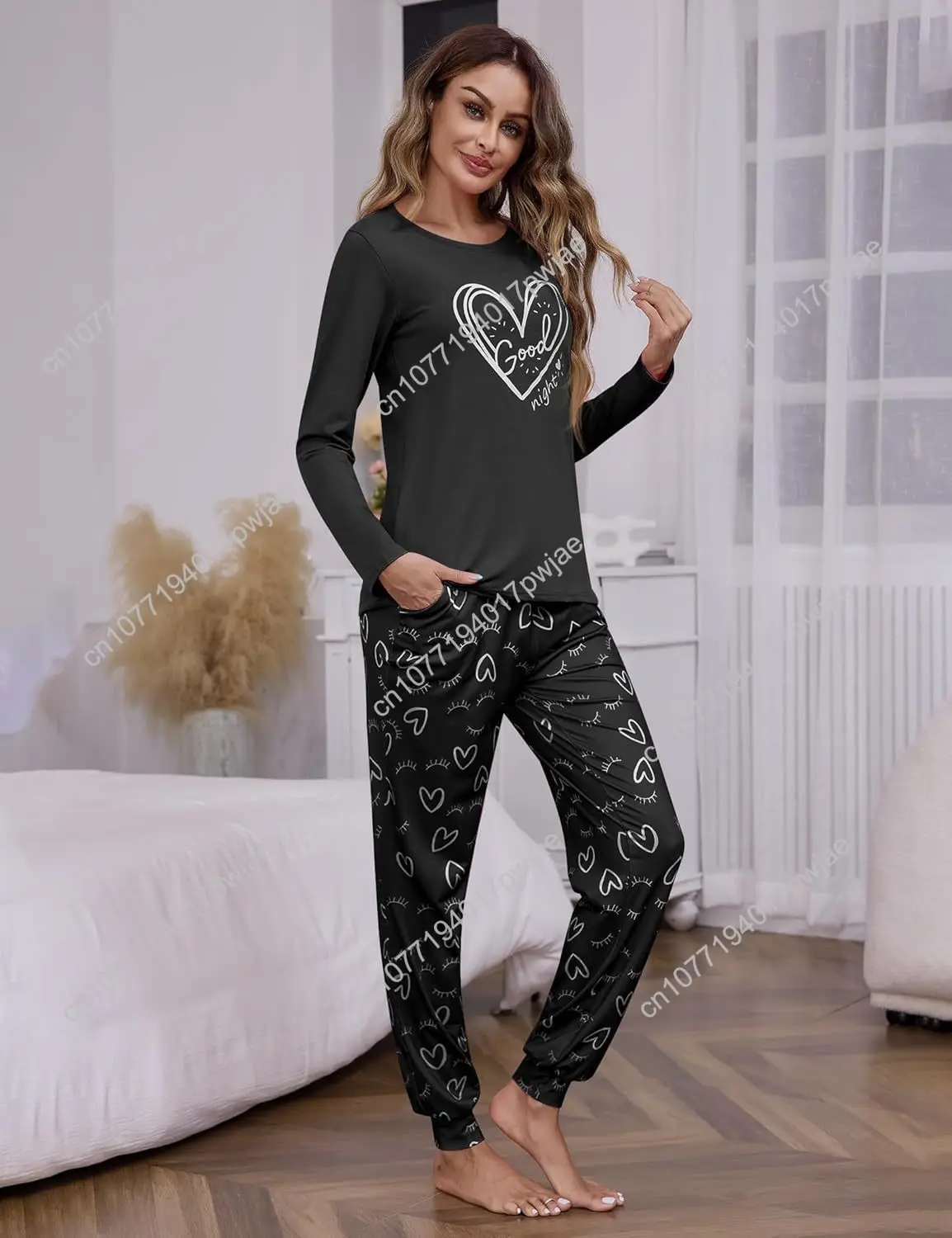 Sykooria Pajama Sets for Women 2 Piece Sleepwear Pj Set Long Sleeve Top & Cute Print Jogger Pants with Pockets