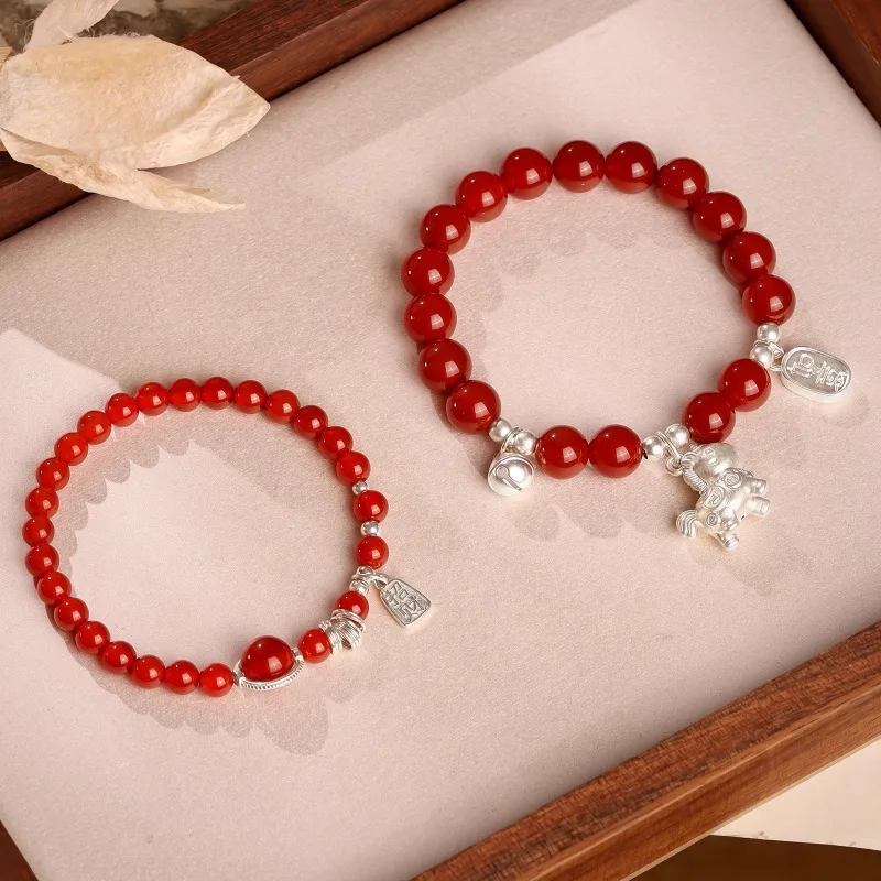 Natural Red Agate Bracelet for Women New Chinese Style 999 Pure Silver Year of the Horse Zodiac Bracelet Gifts