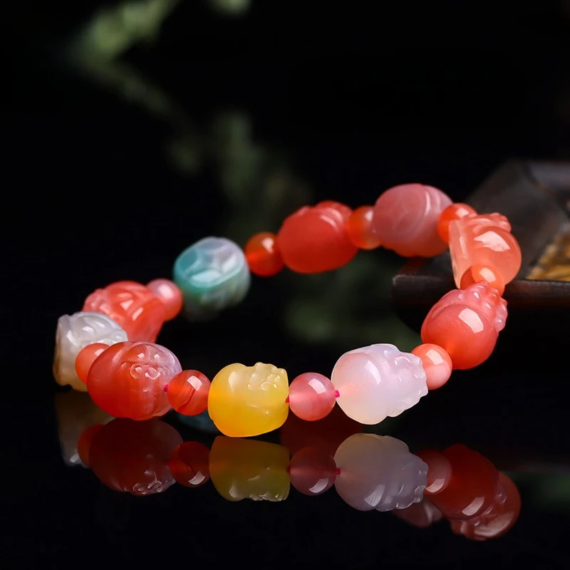 Natural Crystal Agate Pixiu Single Circle Bracelet Candy Colored Raw Stone Multi-Gem Women's Hand Chain Jewelry