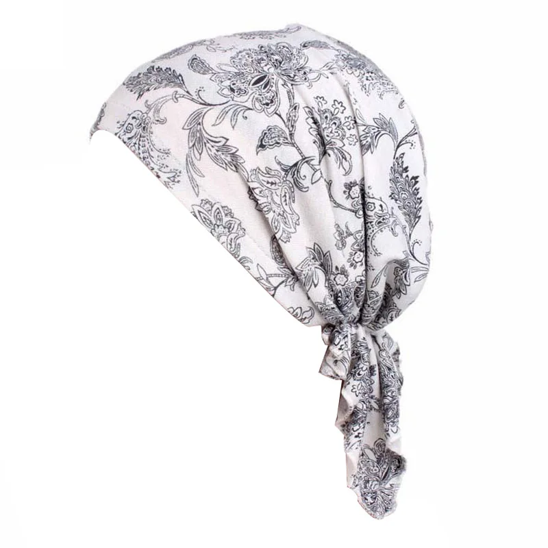 Muslim Pre-Tied Style Cotton Turban Hat Headscarf Ladies Floral Print Bandanas Soft Headwear Hair Loss Cancer Chemo Cap Turbante