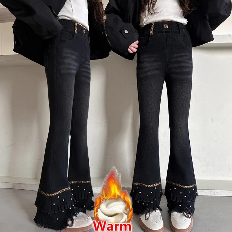 

Elegant Kids Girls Slim Fit Winter Warm Fleece-Lined Flared Jeans with Studs Children Vintage Thermal Bootcut Black Denim Pants