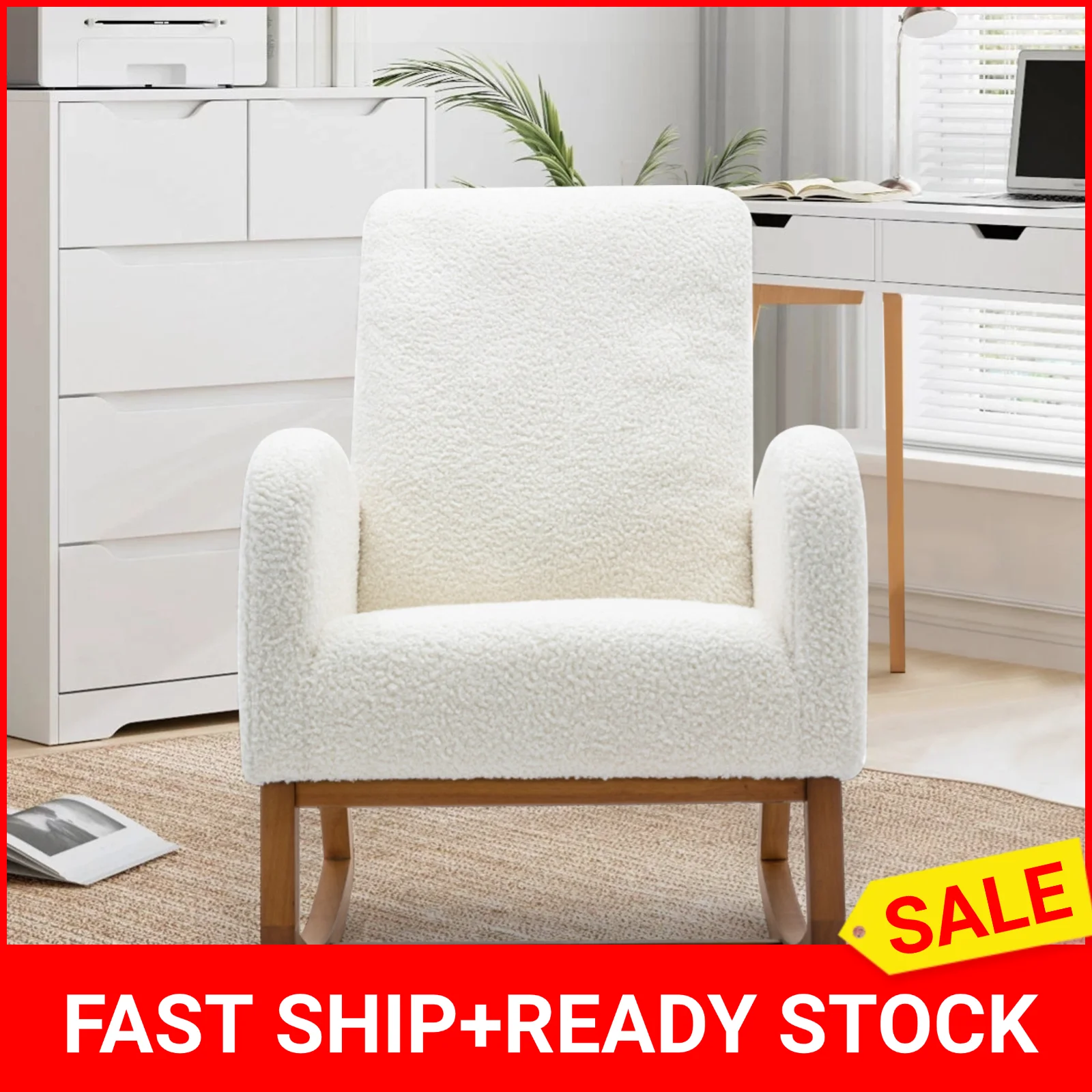 Rocking Chair, Living Room Chair, Armchair with Side Pocket and Comfortable Padded, Lounge Chair with High Backrest, White