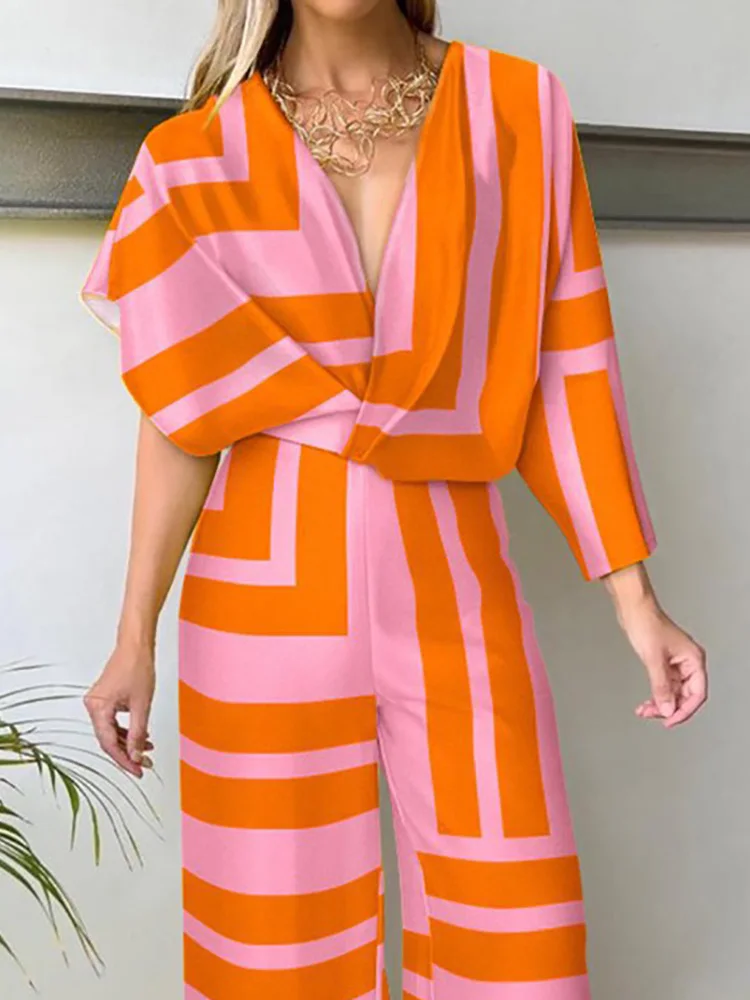 Mono holgado con manga de murciélago para mujer, ropa de calle informal, de cintura alta peleles, pantalones de pierna ancha con estampado de