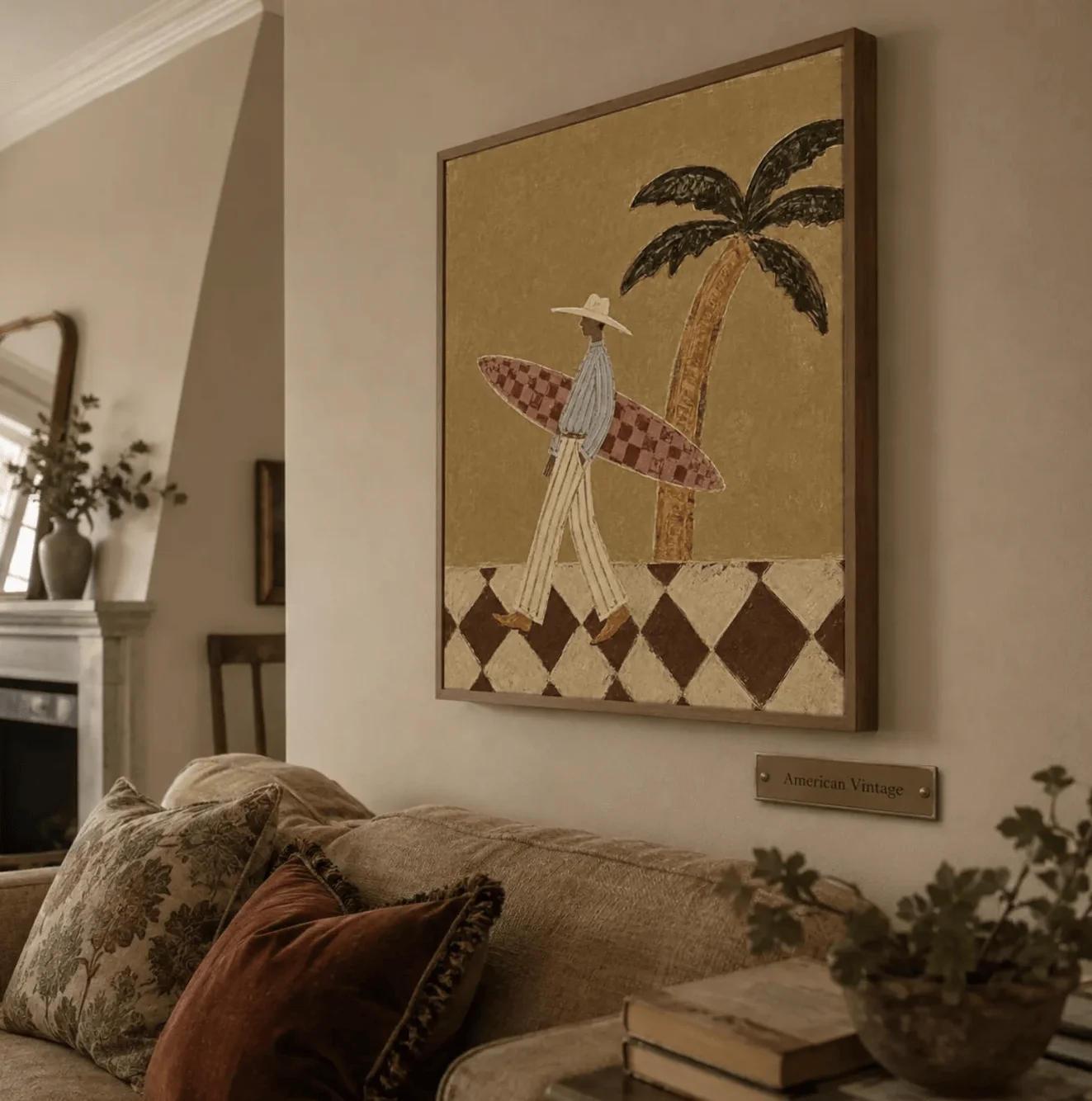 Vintage neutrale Surfer-Palmen-Wandkunst-Leinwanddrucke, Bohemian-Strandposter für Schlafzimmer, Wohnzimmer, Küsteneingangsbereich – Detail 7