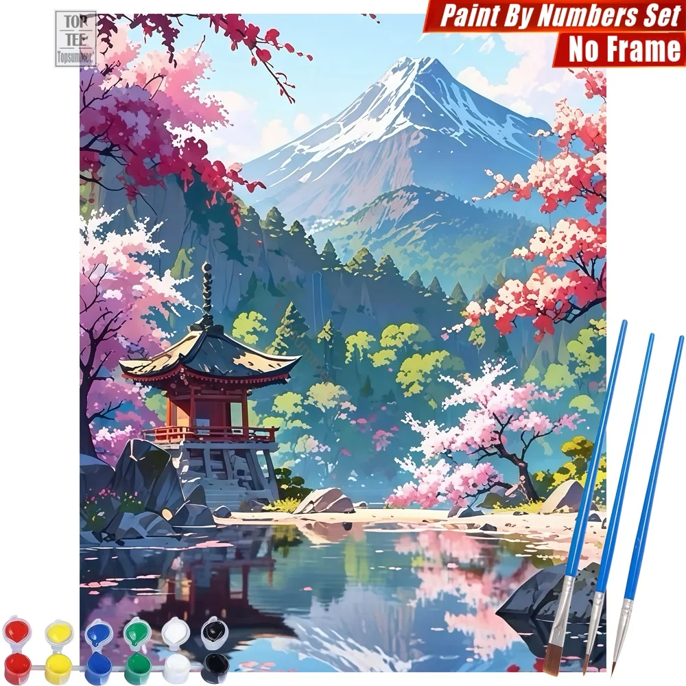 Kit de pintura por números de la pagoda japonesa Fuji - Paisaje sereno oriental, arte abstracto para pared, regalo del Día de la Madre para esposa