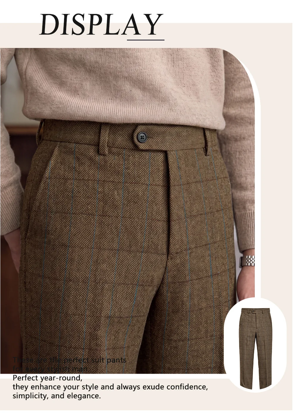 Herren-Anzughose mit Hahnentritt-Muster für Herbst und Winter, Business-Bürohose mit Neapolitan-Knopfleiste und geradem Bein – Detail 1