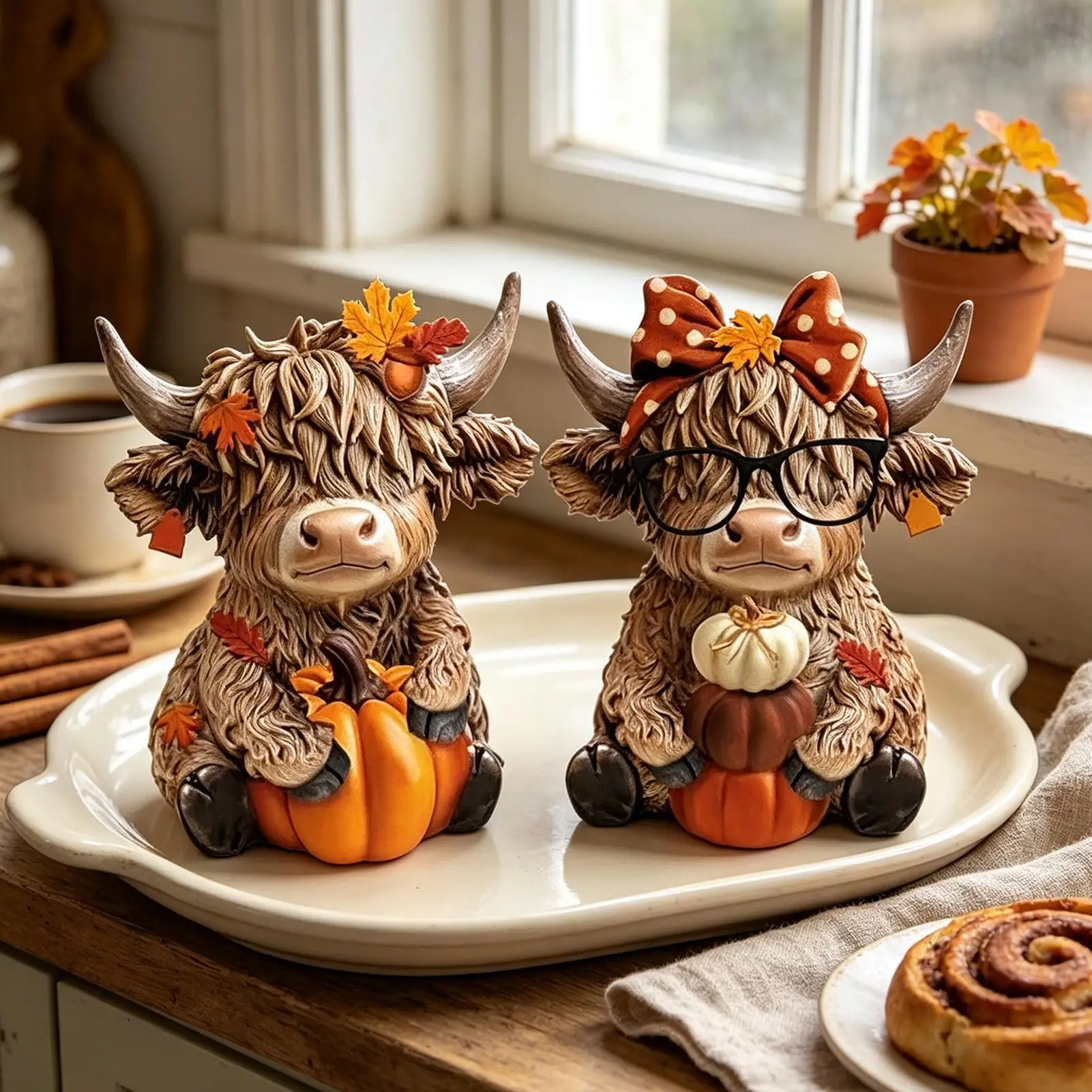 2PCS/set Cow Figurine Halloween Pumpkin Design Farmhouse Fall Sculpture Cow Halloween Decoration For Calf Lovers Thanksgiving