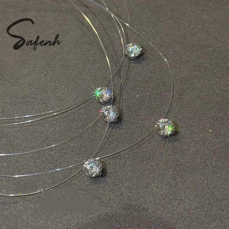 Invisible Fish Line Choker Small Round Crystal Zircon Pendant Necklace Adjustable Clavicle Chain for Bridesmaid