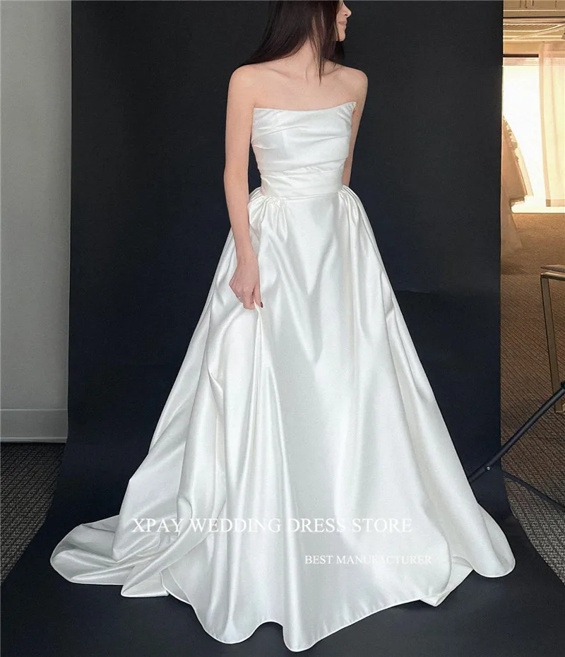 XPAY Simple Soft Satin Korea Wedding Dreses Pleats Floor Length Corset Back Bridal Gowns Photo shoot Plus Size Elegant Mariage