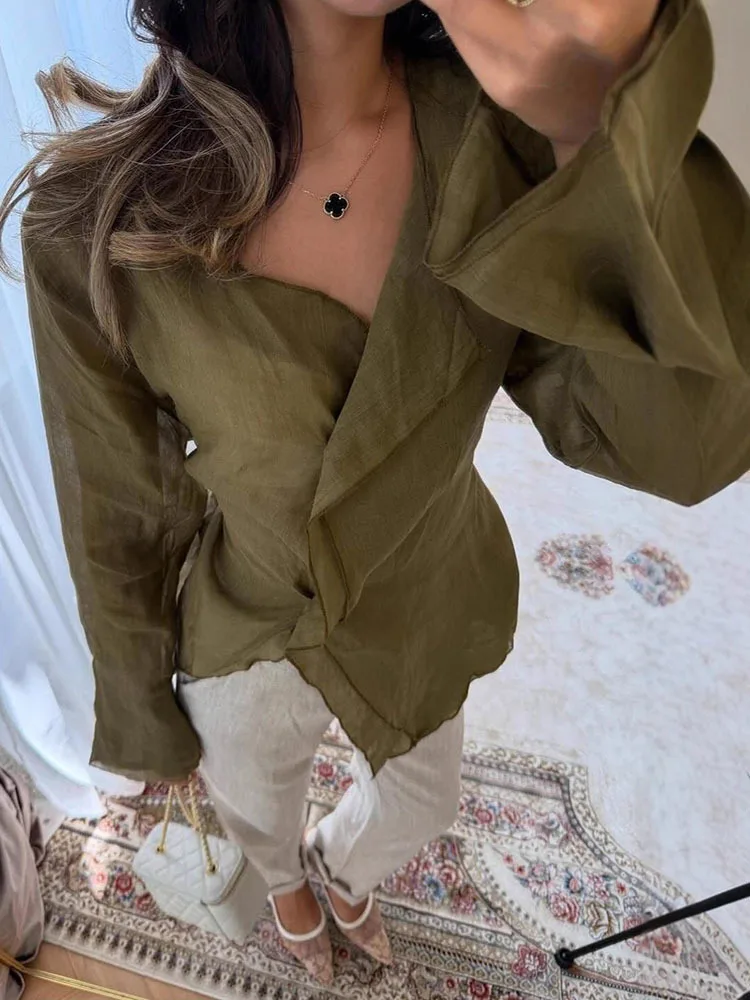 FANTOYE Irregular Long Sleeve Lace Up Women Shirts Green V-Neck Single Button Tops Autumn Winter New Elegant Lady Steerwear 2026