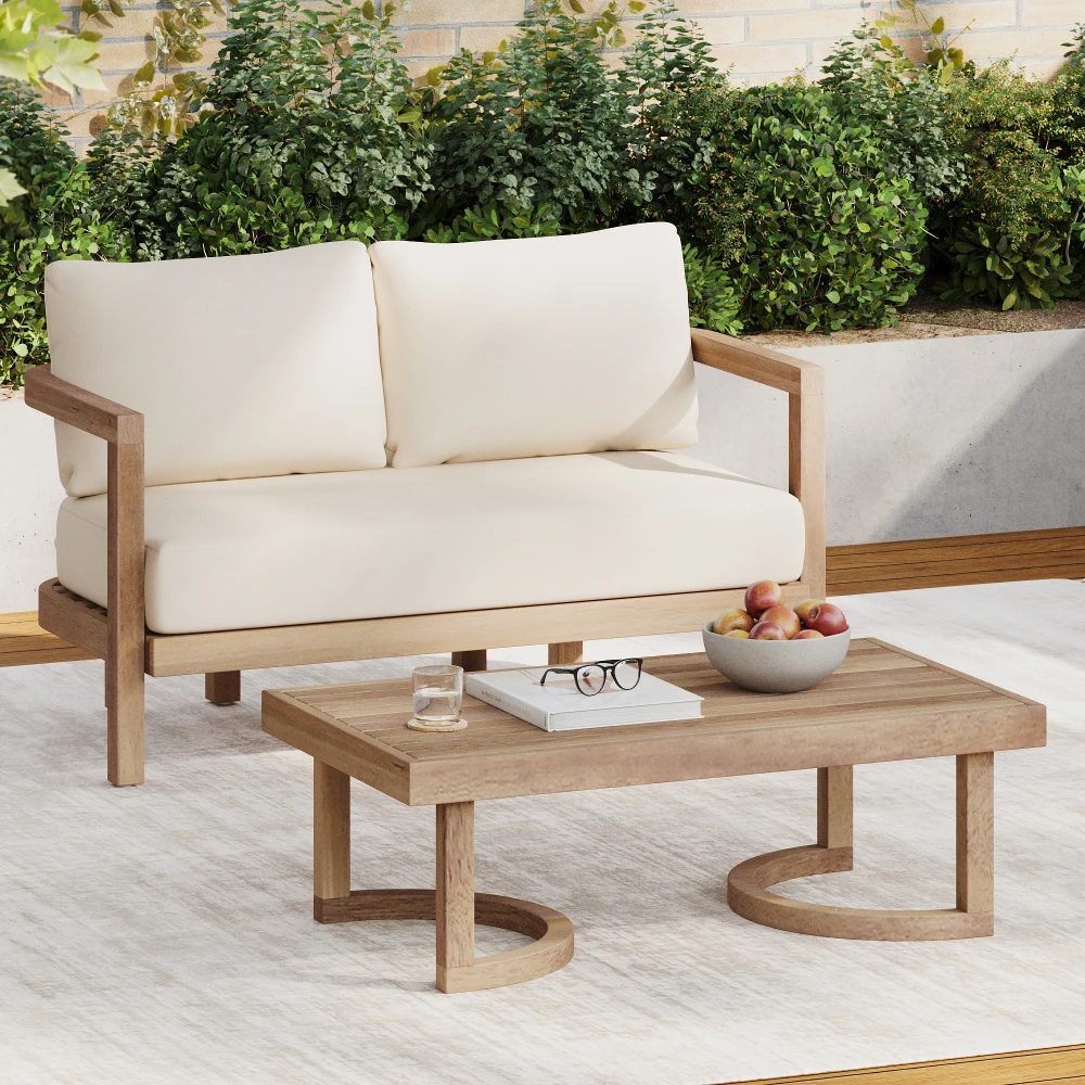 

Person Outdoor Acacia Wood Patio Seating Group with Cushions and Coffee Table for Porch, Garden, Backyard, Balcony, Brown wash