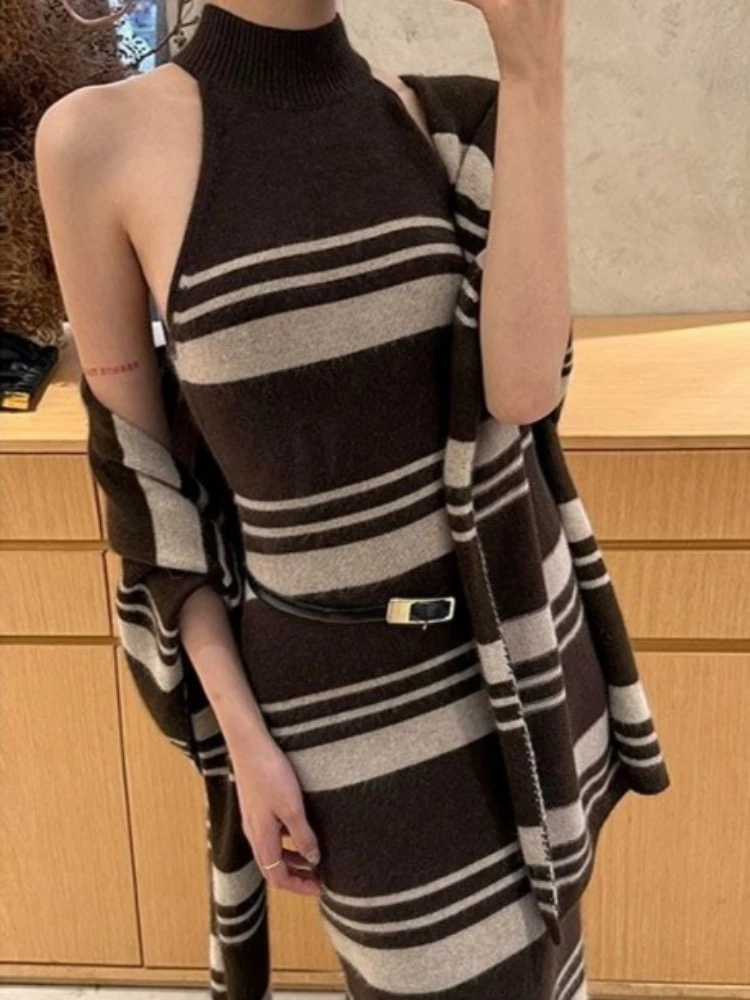 Knitted Two Piece Sets Y2k Aesthetic Contrast Color Stripe Sleeveless Dress + Vintage Irregular Cardigan Harajuku Autumn Outfit