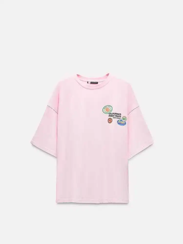 

Summer 2025 Women's Loose Fit ort Sve T-irt Retro American Sle Streetwear Casual Cotton round Ne Printed aphic Tee
