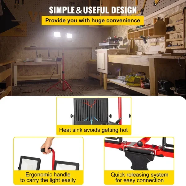 VEVOR Lampe de travail LED avec support, lampe de travail LED à double tête de 20 000 lumens avec trépied réglable et pliable de 27,6 à 68,1', IP6