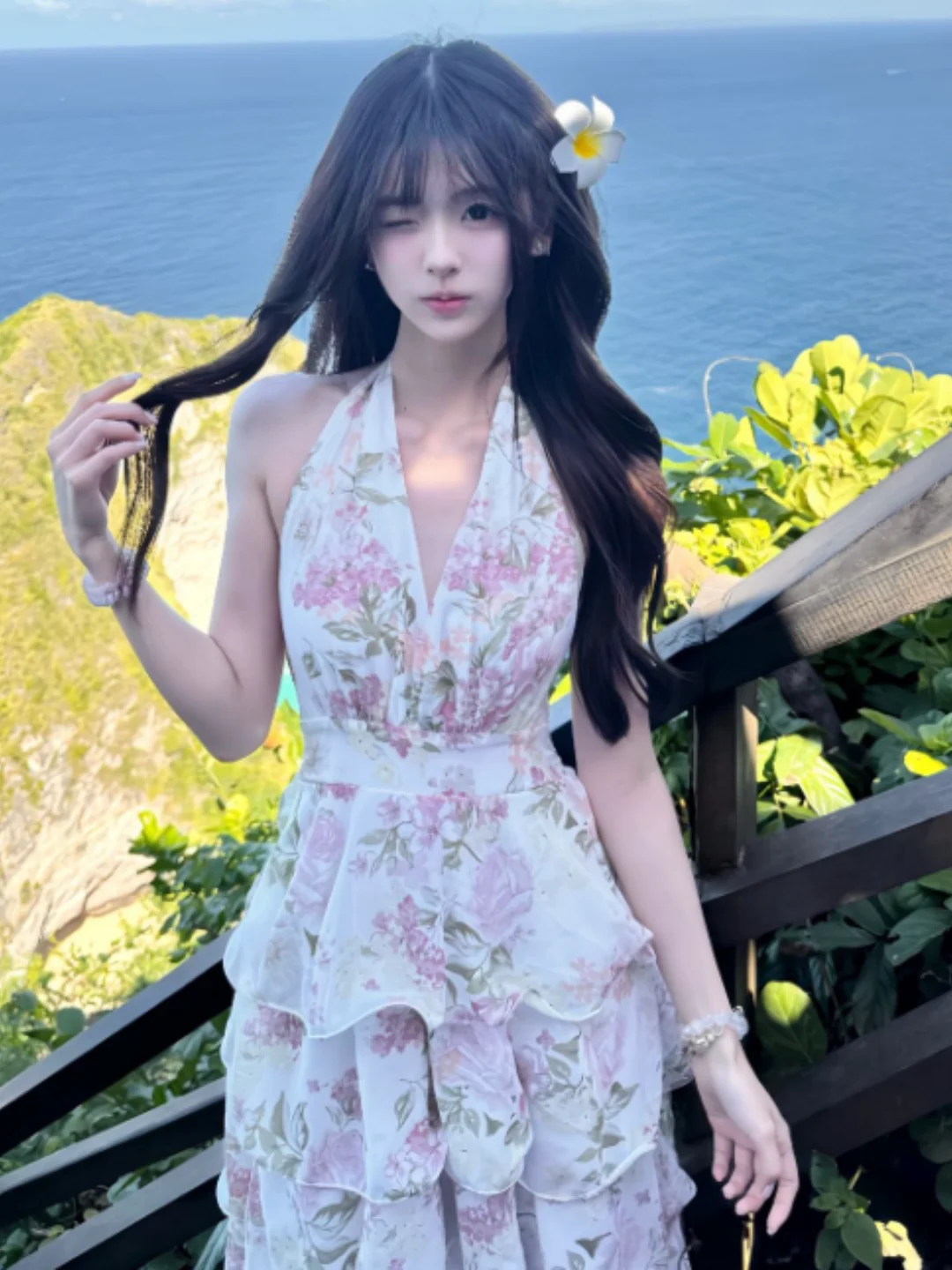 

Gentle Style Floral Print Bridesmaid Dress Beautiful Neck Hanging Strap Waist Cinching Slimming Long Summer Cotton Gown