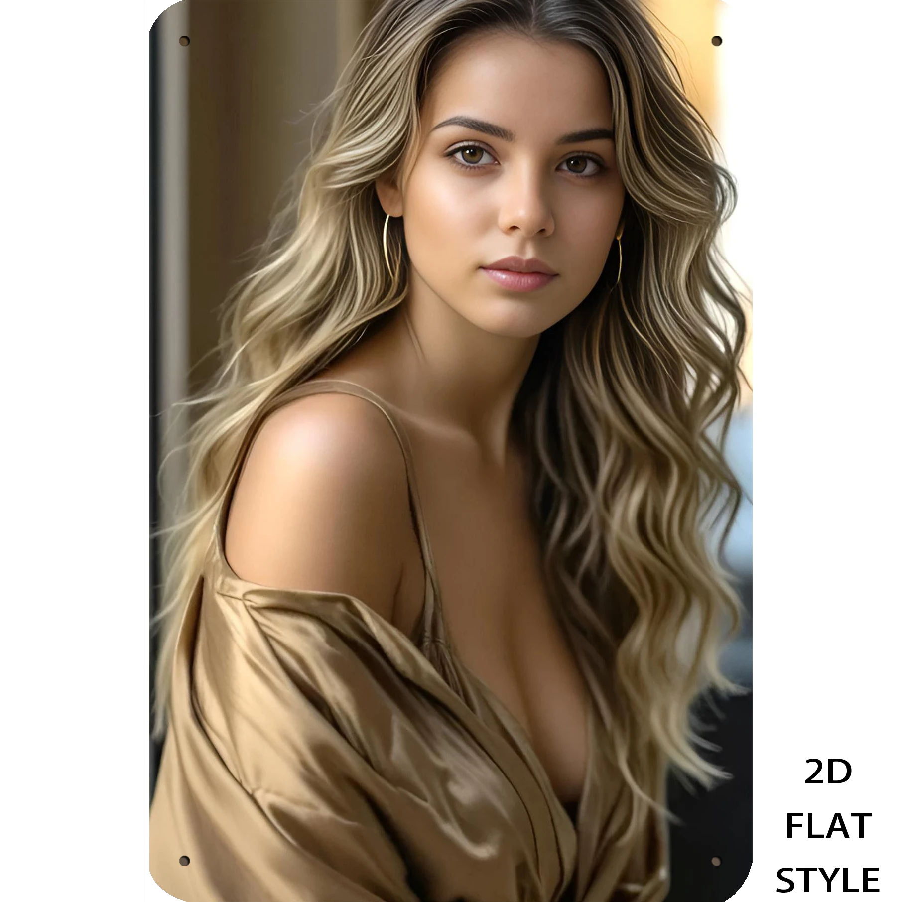 2D Flat Stunning Wavy Blonde Beauty in Gold Satin Off-Shoulder Top Tin Painting - Soft Indoor Background Metal Wall Art Decor -