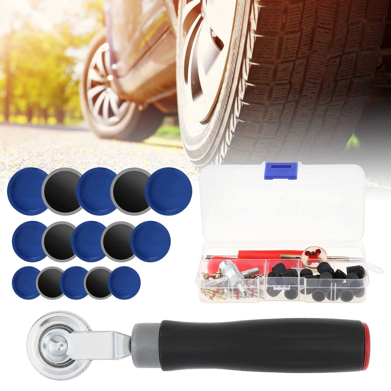 70pcs/set 32mm 42mm 58mm Natural Rubber Tire Patches and Tire Roller with Tire Valve Caps / 4-Way Valve Tool / Valve Core Wrench