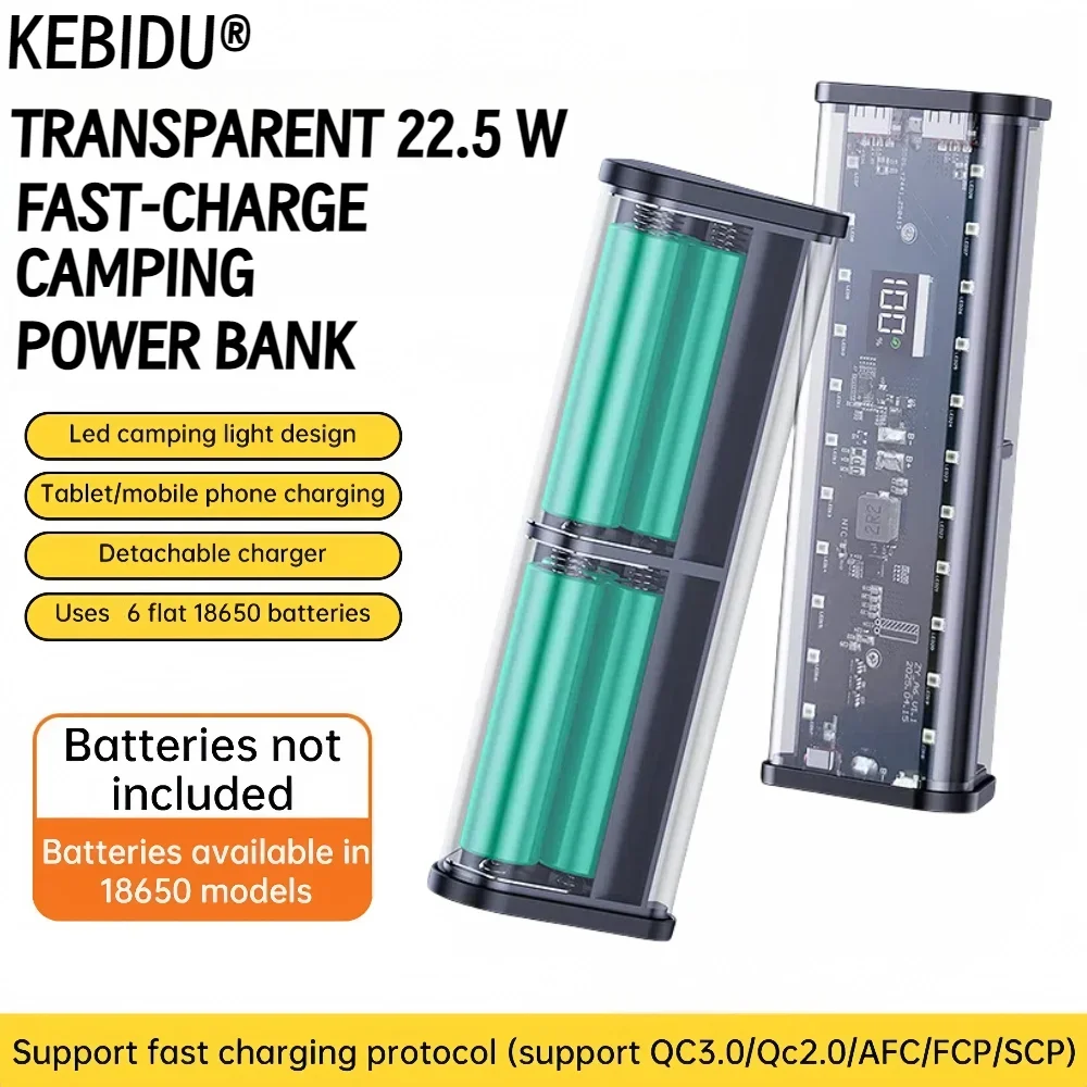 20000mAh 22.5W Mobile Power DIY Case No Soldering 6*18650 Battery Box DIY Charging Power Transparent Shell With LED Lighting