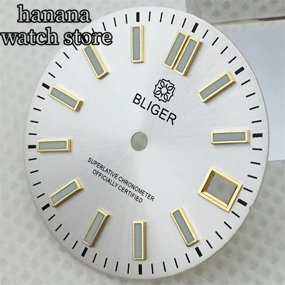 Bliger นาฬิการะเบิด29มม., หน้าปัดสีขาวพอดีกับ NH35 NH36เคลื่อนไหวอัตโนมัติ3 O 'clock แสดงวันที่หน้าต่างสีเขียวเรืองแสง