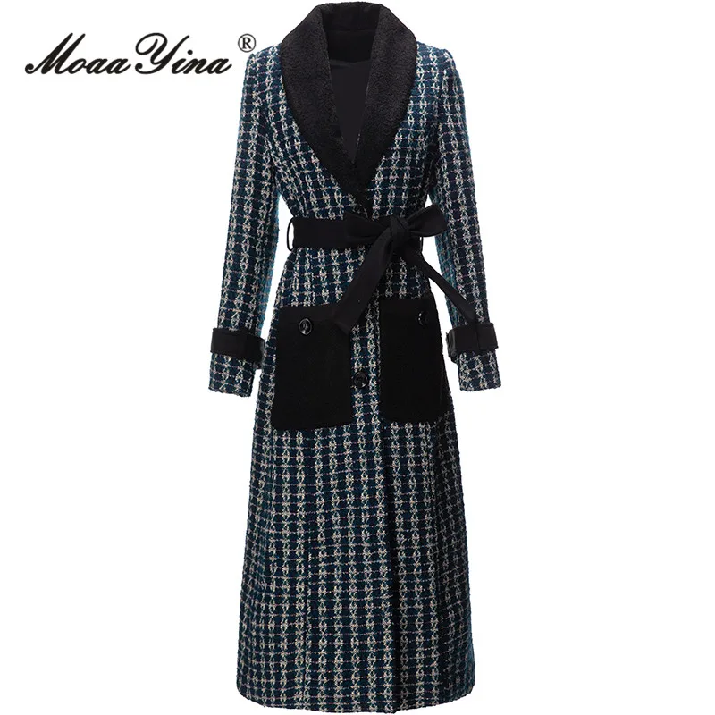 

MoaaYina Winter Fashion Runway Vintage Plaid Blends Coat Women's Lapel Long Sleeve Frenulum Gathered Waist Slim Long Blends Coat