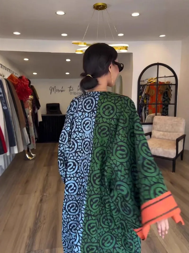 Elelgant col en v Simple robe ample femmes 2025 printemps été vacances impression Patchwork robe Maxi décontracté