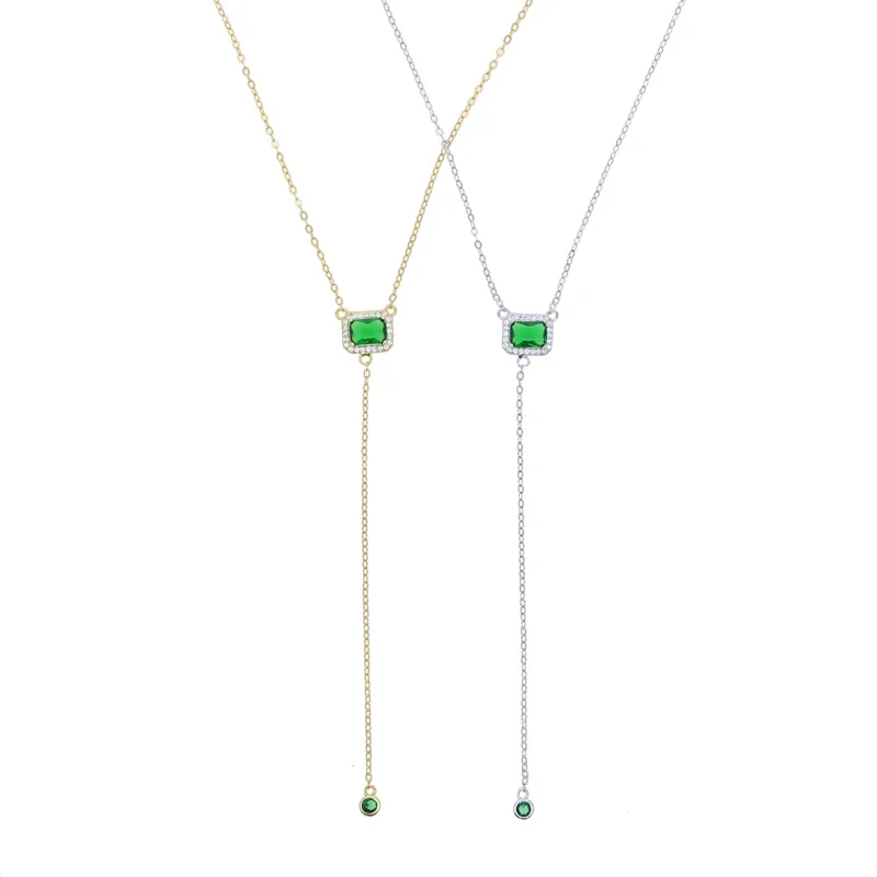 100% 925 Serling Silver Bling Green Square CZ Cubic Zirconia Sexy Y Lariat Long Clavicle Chain Layer Choker Necklace Jewelry