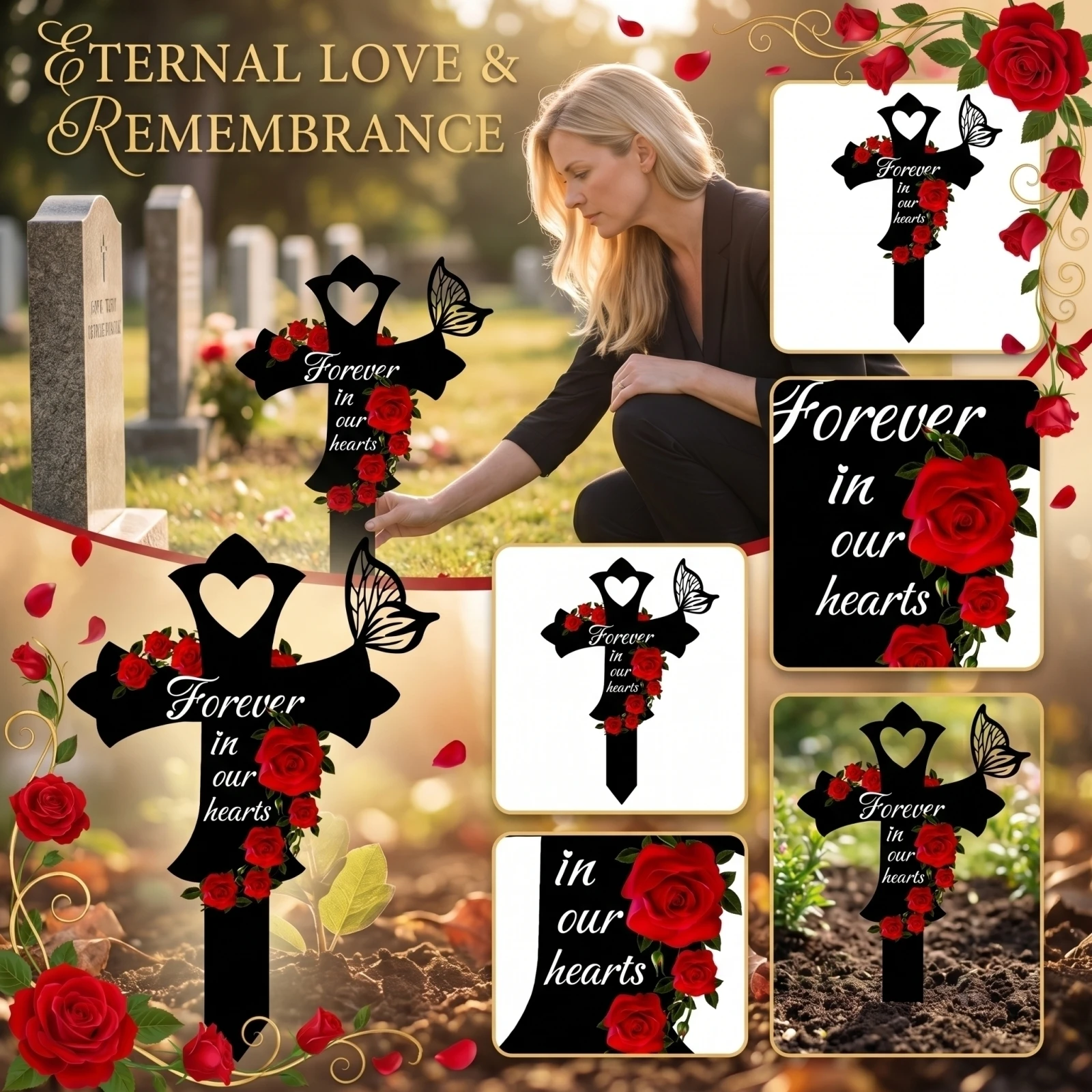 

Cross-Shaped Memorial Garden Stake With Roses & Butterfly, Sympathy Cemetery , Metal Yard Tribute For Remembrance