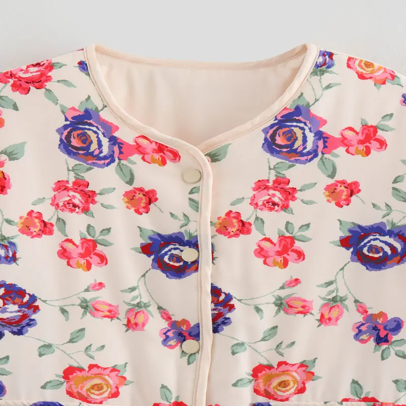 

Retro Rose Flower Print Loose Fit round Ne Jaet 2024 Autumn Winter New Sle Women's Faion Versatile Cotton Coat