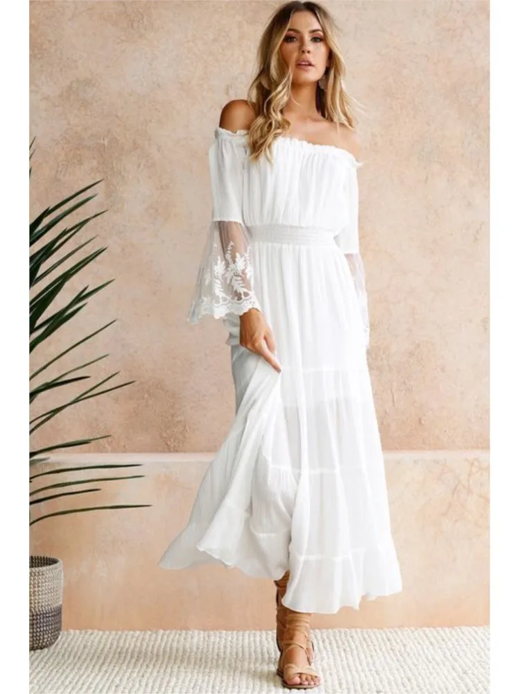 فستان صيفي أنيق بلون واحد للنساء فساتين بوهيمية مثيرة بدون حمالات للخريف من الدانتيل على طراز عطلة الشاطئ على شكل حرف a فساتين للسيدات #3