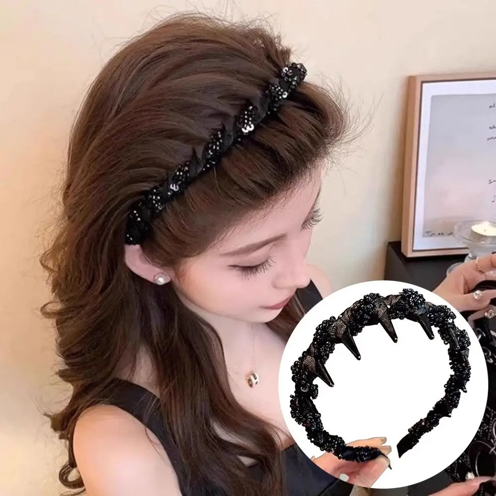 Toothed Wave Headband with Beaded Fluffy Headwear Face Wash Hairband Vintage Korean Style Wave Hairband with Teeth Makeup