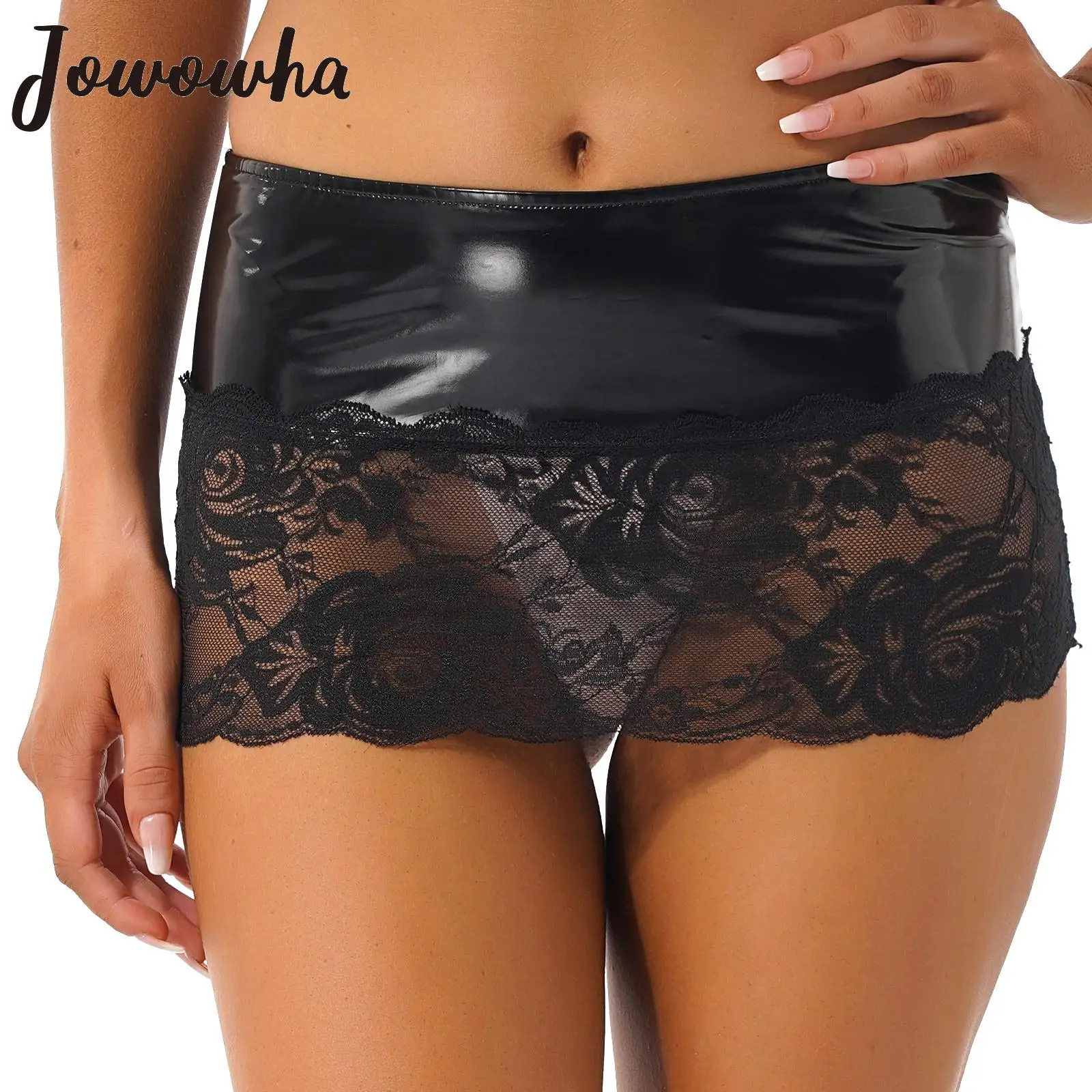 

Sexy See-through Lace Patchwork Patent Leather Miniskirt Women Low Waist Elastic Waistband Skirt for Club Dance Performance