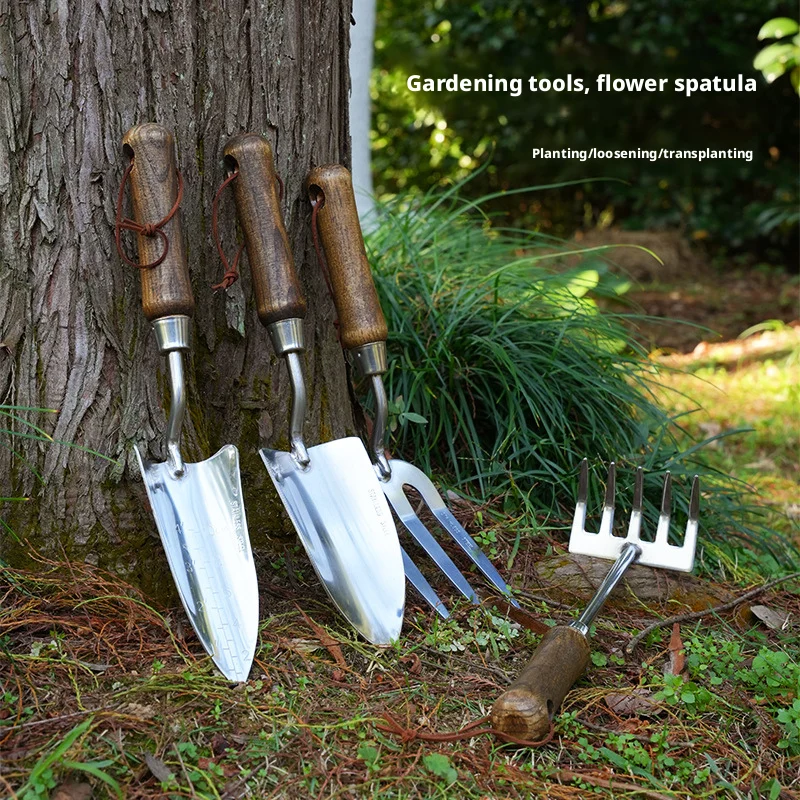 Antique Wood Gardening Household Gardening Shovel Stainless Steel Soil Digging Planting Basin Changing Tool Set Small Shovel Sm