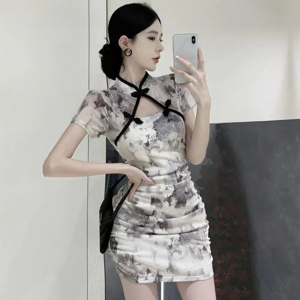 

Fashion Vintage Qipao Sexy Mini Dress Women Summer Thin Cheongsam Woman Clothes Elegant Club Ladies Dresses Bodycon Vestidos