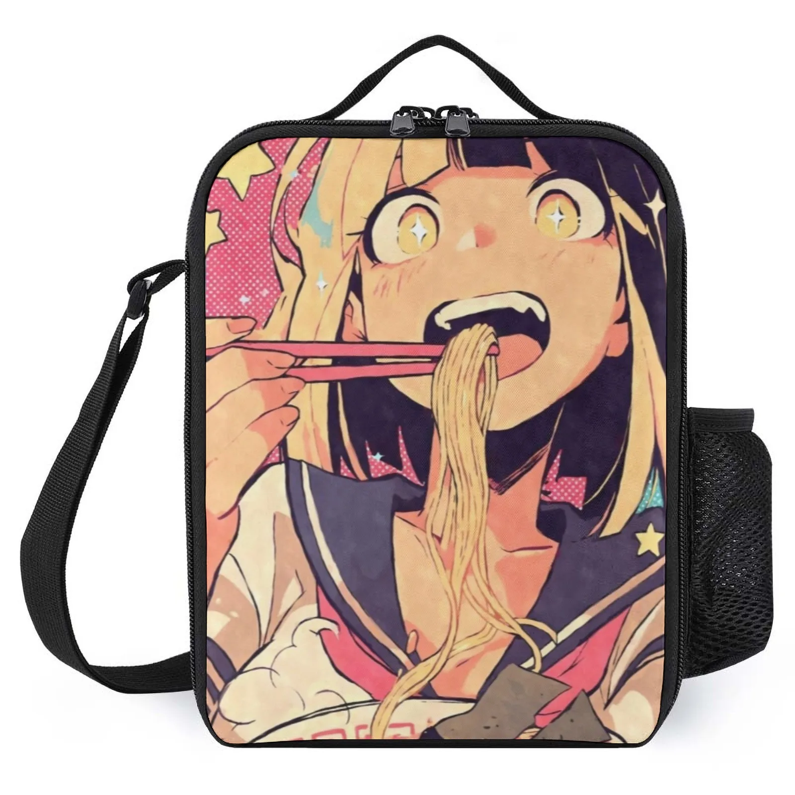 

Happy Anime Girl Eating Ramen Lonchera Termica Printed Lunch Bag With Shoulder Strap Sac A Lunch Insulation Lunch Box Bag
