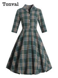 Tonval Turn-down Collar Button Up Green Plaid 2022 Autumn Winter Clothes Dresses Vintage Robe Women Elegant Swing Dress Retro
