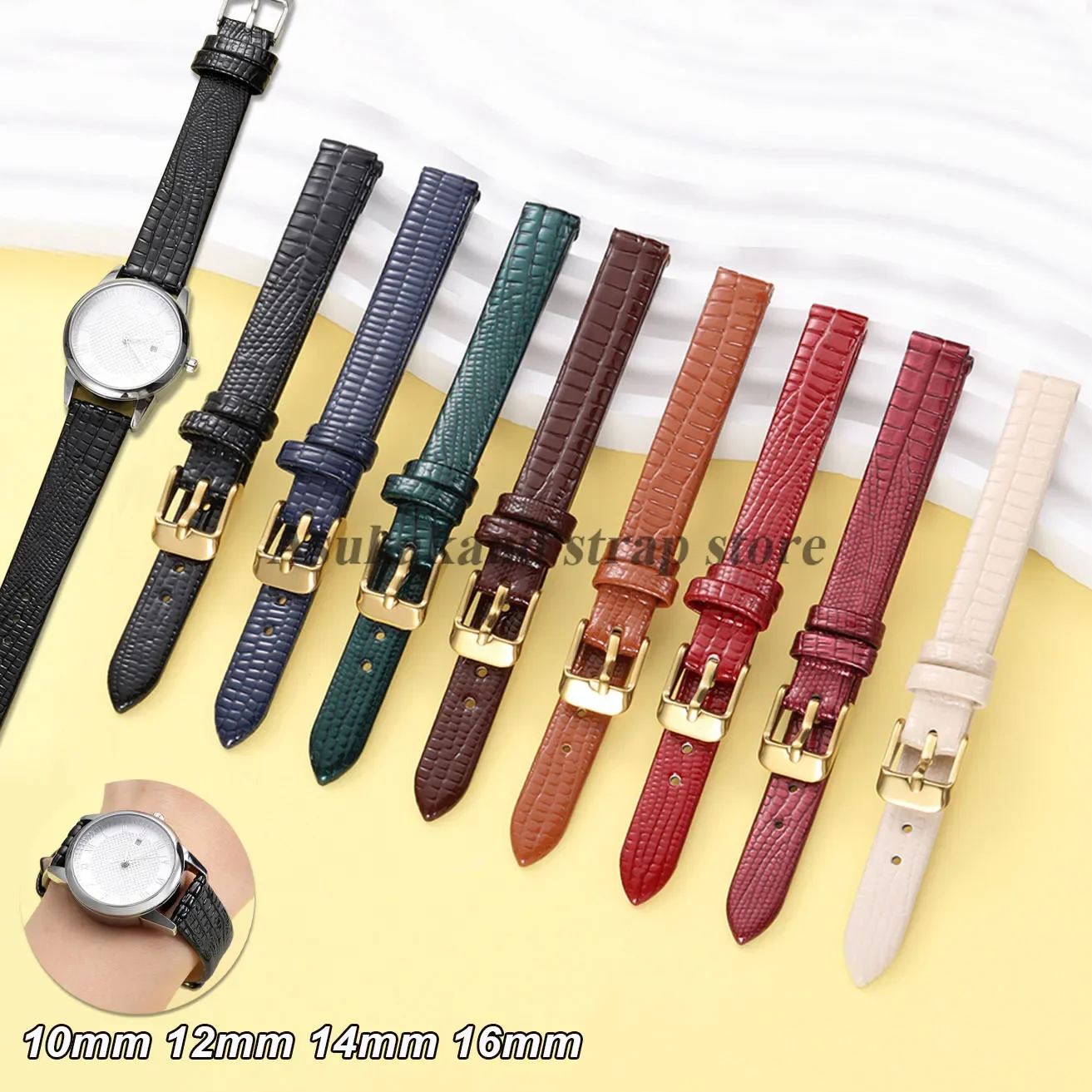 10mm 12mm 14mm 16mm Ultra-thin Lizard-Patterned Leather Watch Band Universal Women Bracelets Small Size WatchStrap Accessories