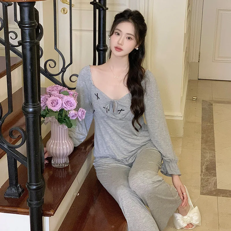 French pajamas women's fall models cotton long-sleeved long pants sexy pure desire wind with cushion two-piece home clothing